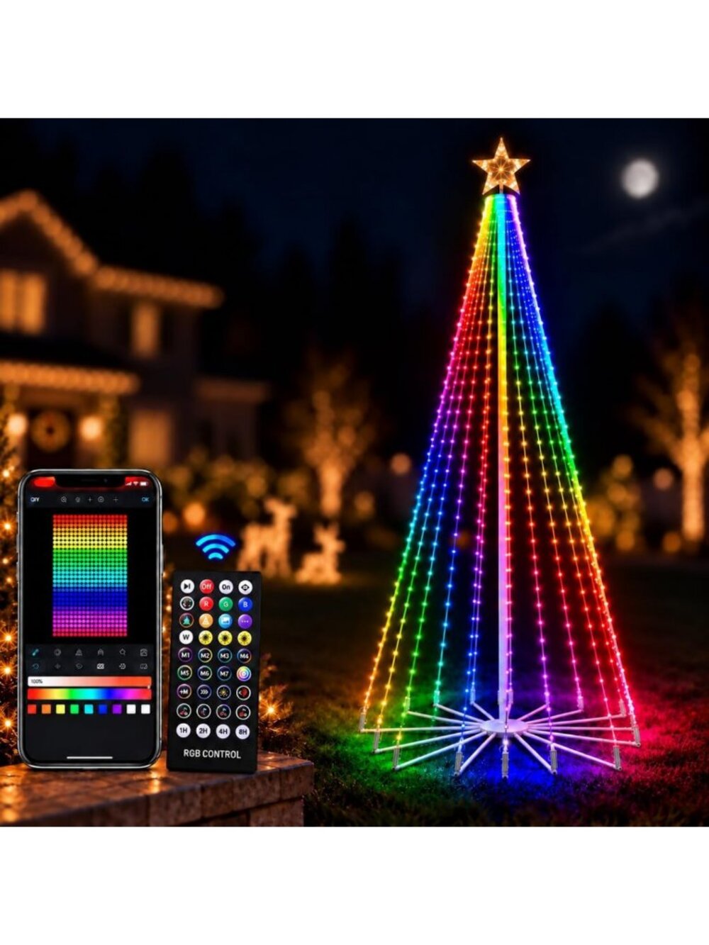 8FT Outdoor Christmas Tree with Smart RGBW LED Lights, Festive Holiday Decor